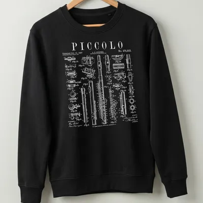 Vintage patent drawing of a piccolo flute with detailed text — printed on a unisex sweatshirt