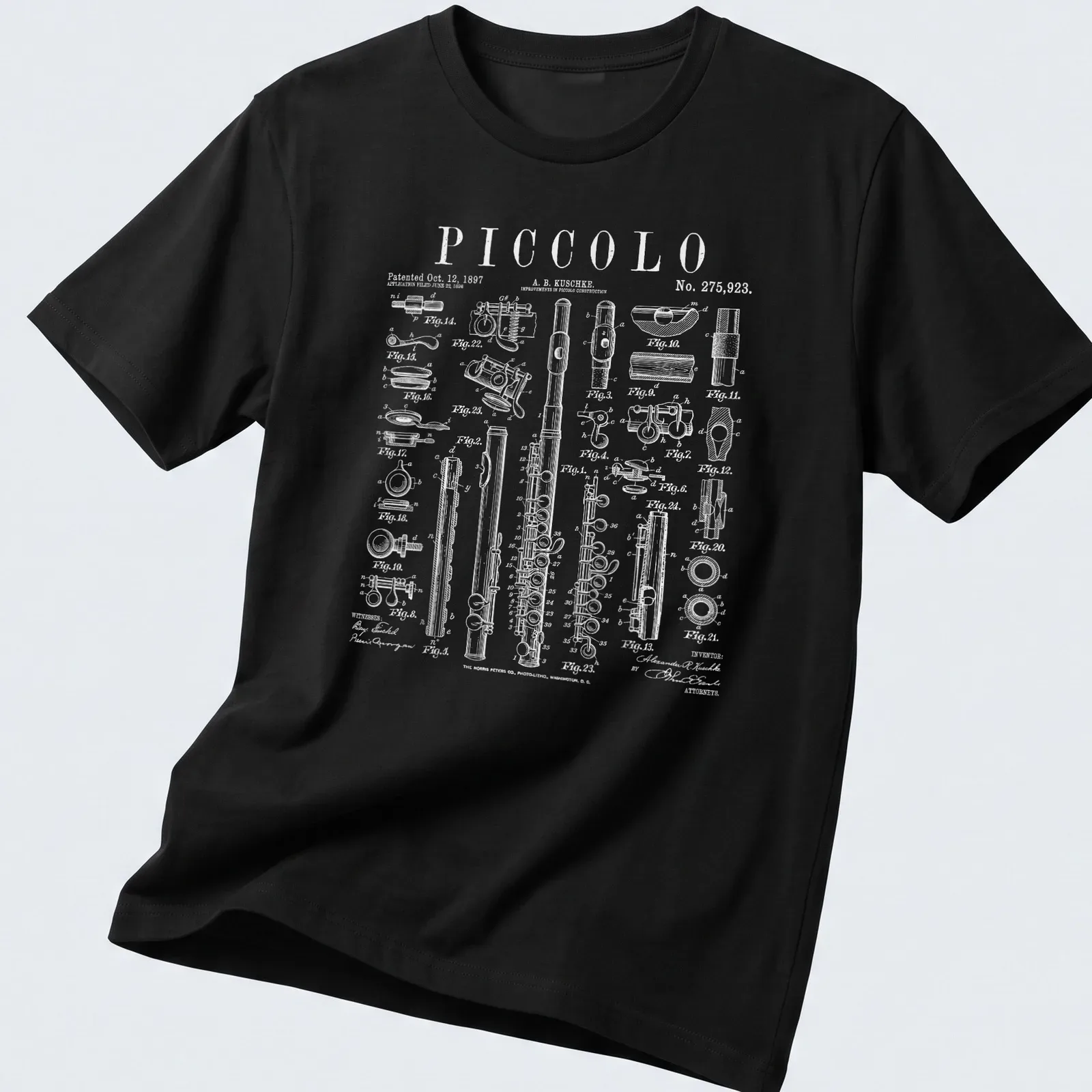 Vintage patent drawing of a piccolo flute with detailed text — printed on a unisex t-shirt