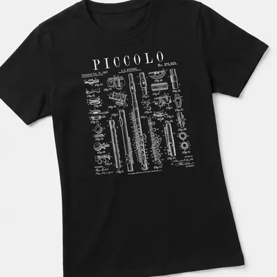 Vintage patent drawing of a piccolo flute with detailed text — printed on a women's shirt