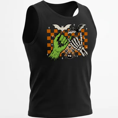 Green skeleton hand making a pinky promise, surrounded by cartoon bats — printed on a tank top