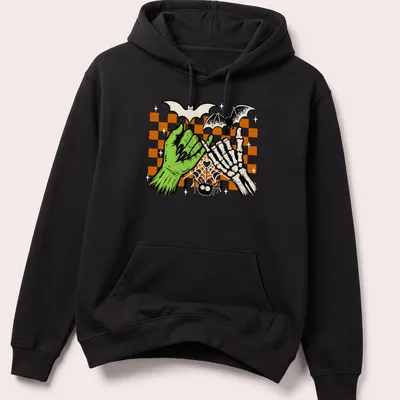 Green skeleton hand making a pinky promise, surrounded by cartoon bats — printed on a unisex hoodie
