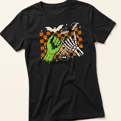 Green skeleton hand making a pinky promise, surrounded by cartoon bats — printed on a women's shirt