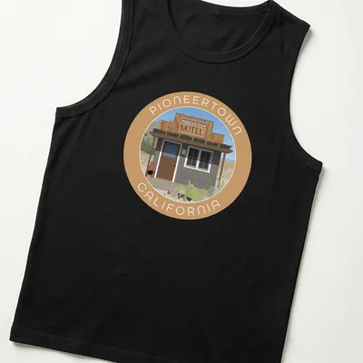 Vintage-style Pioneertown Motel graphic tee featuring earthy tones and nostalgic font — printed on a tank top