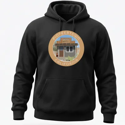 Vintage-style Pioneertown Motel graphic tee featuring earthy tones and nostalgic font — printed on a unisex hoodie