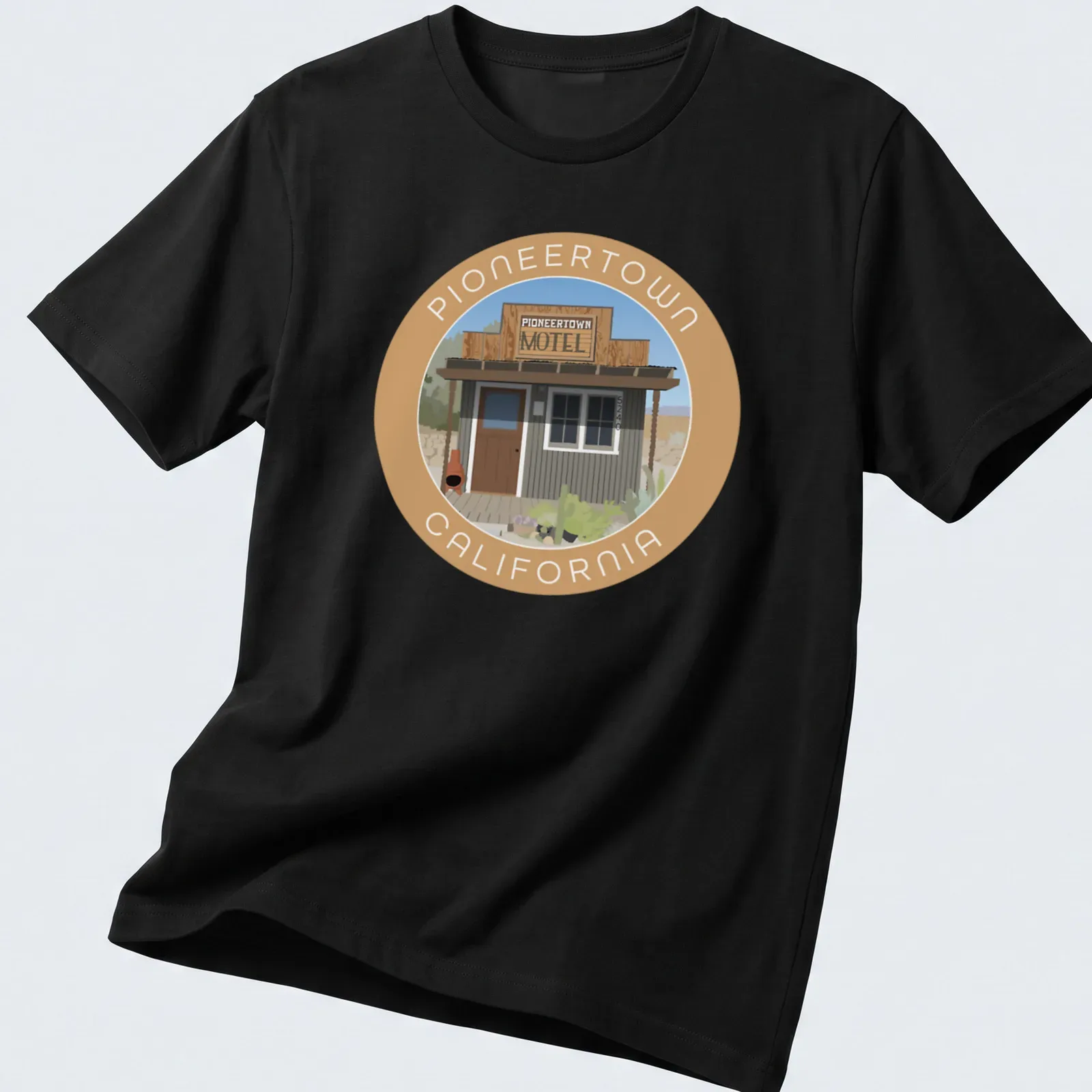 Vintage-style Pioneertown Motel graphic tee featuring earthy tones and nostalgic font — printed on a unisex t-shirt