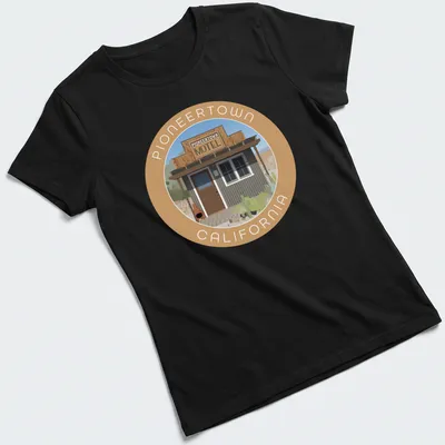 Vintage-style Pioneertown Motel graphic tee featuring earthy tones and nostalgic font — printed on a women's shirt
