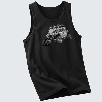 Illustration of Polaris General XP 1000 UTV in silver, black, red, and gray — printed on a tank top
