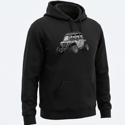 Illustration of Polaris General XP 1000 UTV in silver, black, red, and gray — printed on a unisex hoodie