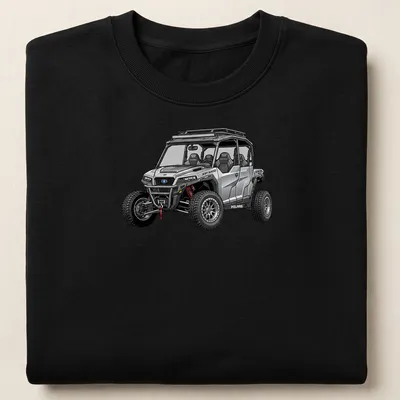 Illustration of Polaris General XP 1000 UTV in silver, black, red, and gray — printed on a unisex sweatshirt
