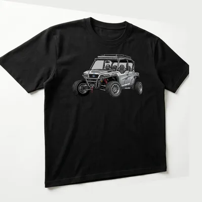 Illustration of Polaris General XP 1000 UTV in silver, black, red, and gray — printed on a unisex t-shirt (angled view)