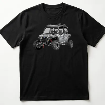 Illustration of Polaris General XP 1000 UTV in silver, black, red, and gray