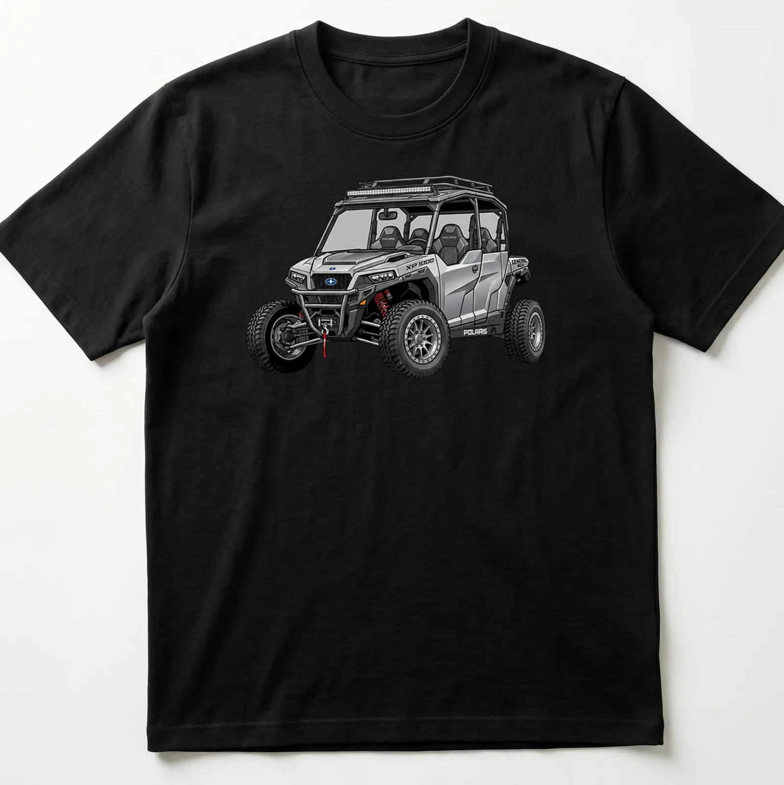 Illustration of Polaris General XP 1000 UTV in silver, black, red, and gray — printed on a unisex t-shirt
