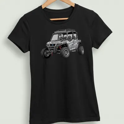 Illustration of Polaris General XP 1000 UTV in silver, black, red, and gray — printed on a women's shirt