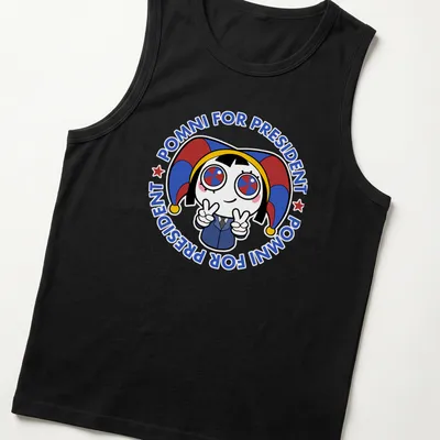 Kawaii design of a cute character with a jester hat and political text. — printed on a tank top