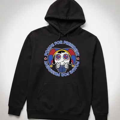 Kawaii design of a cute character with a jester hat and political text. — printed on a unisex hoodie