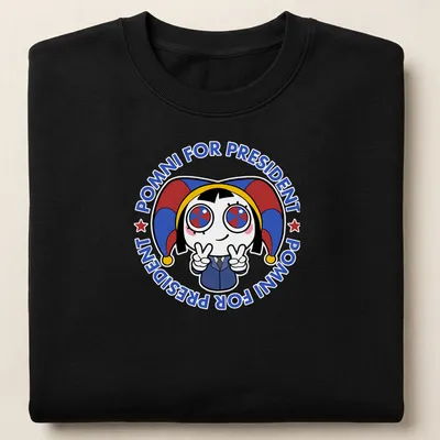 Kawaii design of a cute character with a jester hat and political text. — printed on a unisex sweatshirt