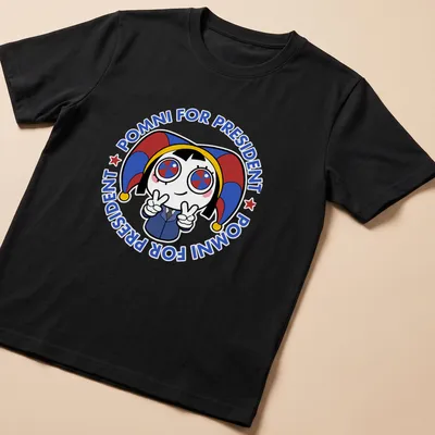 Kawaii design of a cute character with a jester hat and political text.