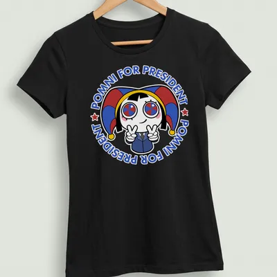 Kawaii design of a cute character with a jester hat and political text. — printed on a women's shirt