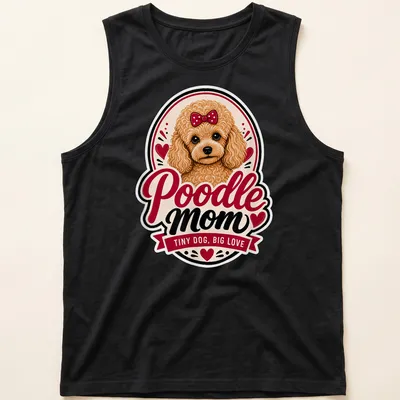 Vintage illustration of a Poodle with text 'Poodle mom TINY DOG, BIG LOVE' in brown and red. — printed on a tank top