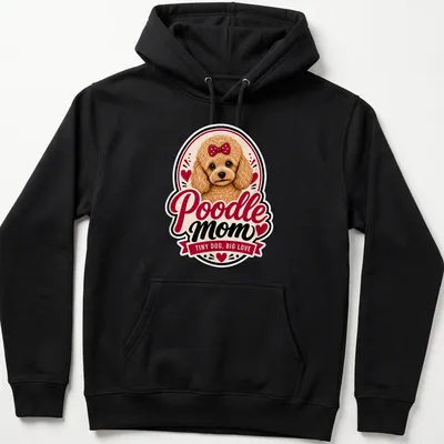 Vintage illustration of a Poodle with text 'Poodle mom TINY DOG, BIG LOVE' in brown and red. — printed on a unisex hoodie