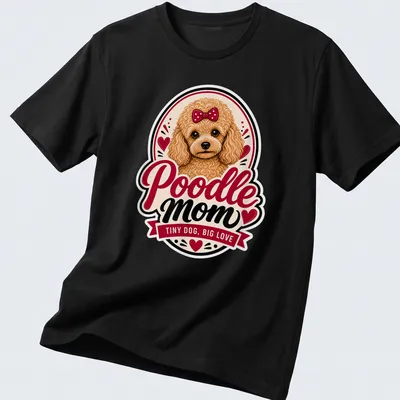 Vintage illustration of a Poodle with text 'Poodle mom TINY DOG, BIG LOVE' in brown and red.