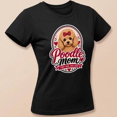 Vintage illustration of a Poodle with text 'Poodle mom TINY DOG, BIG LOVE' in brown and red. — printed on a women's shirt