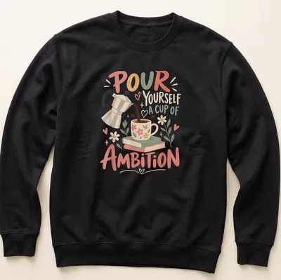 Illustration of a coffee pot and floral mug with the text 'Pour Yourself A Cup Of Ambition' — printed on a unisex sweatshirt