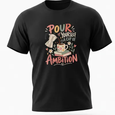 Illustration of a coffee pot and floral mug with the text 'Pour Yourself A Cup Of Ambition'