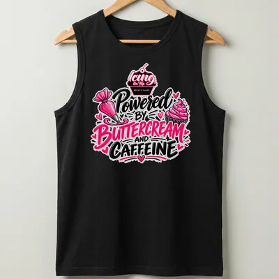Colorful t-shirt with playful text about baking and caffeine in pink and black — printed on a tank top
