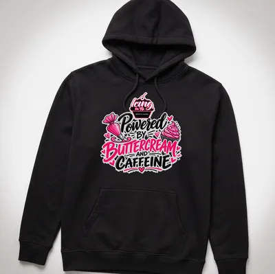 Colorful t-shirt with playful text about baking and caffeine in pink and black — printed on a unisex hoodie