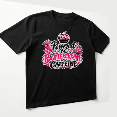 Colorful t-shirt with playful text about baking and caffeine in pink and black — printed on a unisex t-shirt (angled view)