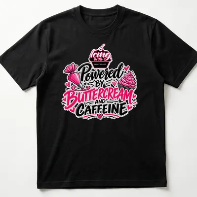 Colorful t-shirt with playful text about baking and caffeine in pink and black
