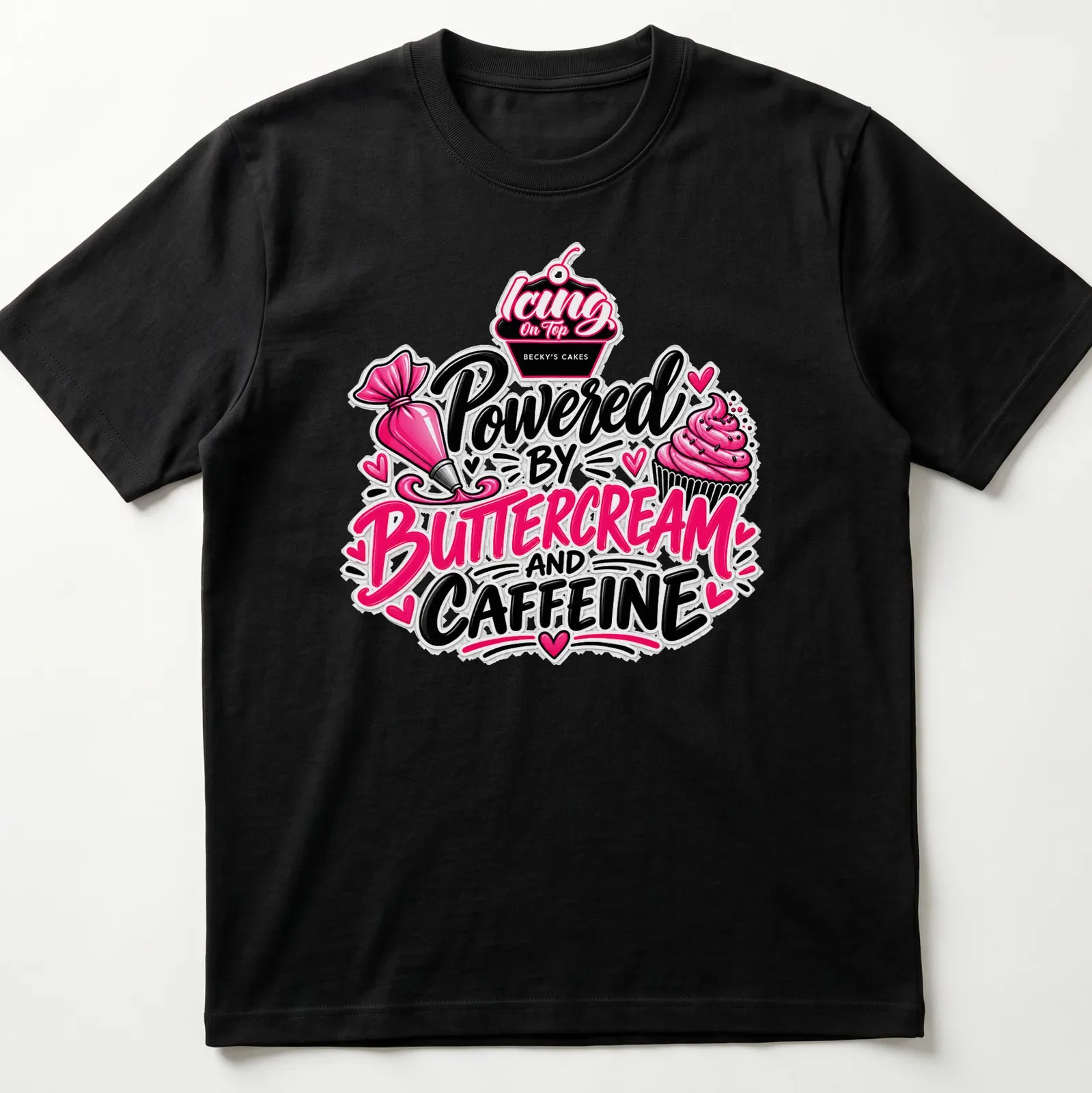 Colorful t-shirt with playful text about baking and caffeine in pink and black — printed on a unisex t-shirt