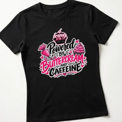 Colorful t-shirt with playful text about baking and caffeine in pink and black — printed on a women's shirt