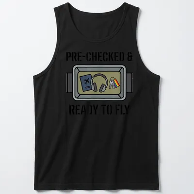 Cartoon illustration of travel essentials with pride flag and text 'PRE-CHECKED & READY TO FLY' — printed on a tank top