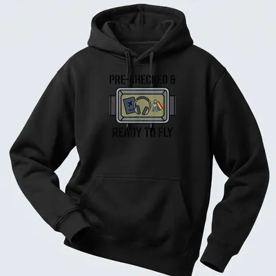 Cartoon illustration of travel essentials with pride flag and text 'PRE-CHECKED & READY TO FLY' — printed on a unisex hoodie