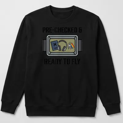 Cartoon illustration of travel essentials with pride flag and text 'PRE-CHECKED & READY TO FLY' — printed on a unisex sweatshirt