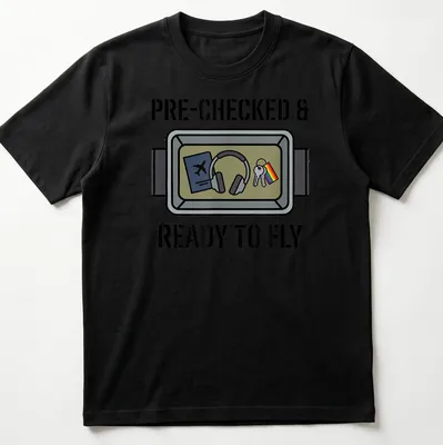 Cartoon illustration of travel essentials with pride flag and text 'PRE-CHECKED & READY TO FLY'