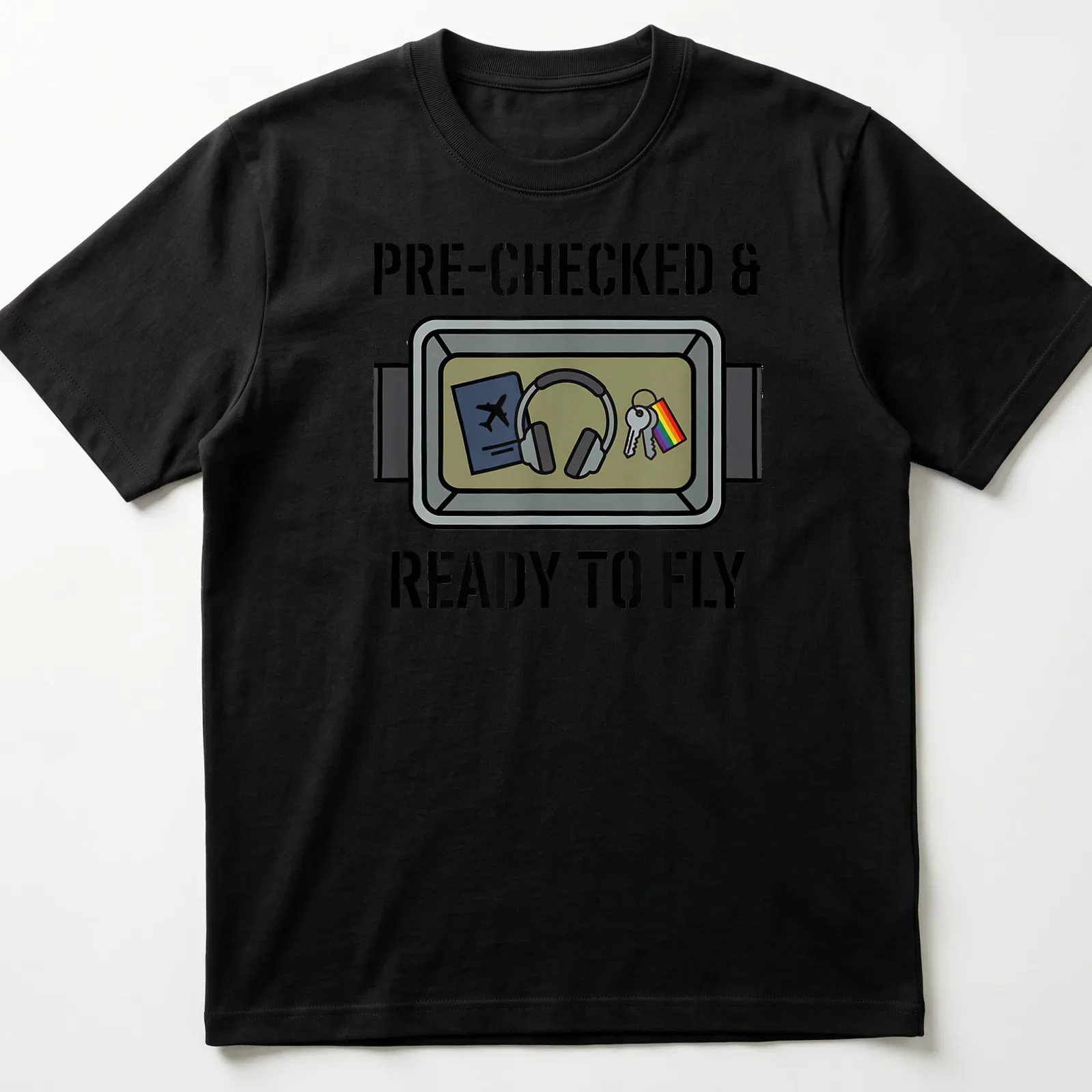 Cartoon illustration of travel essentials with pride flag and text 'PRE-CHECKED & READY TO FLY' — printed on a unisex t-shirt