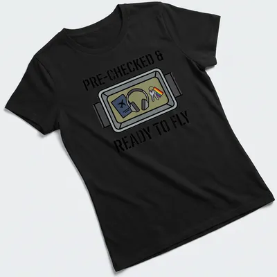 Cartoon illustration of travel essentials with pride flag and text 'PRE-CHECKED & READY TO FLY' — printed on a women's shirt