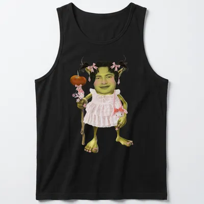 Cartoon goblin with piggytails in green, pink, brown, and white — printed on a tank top