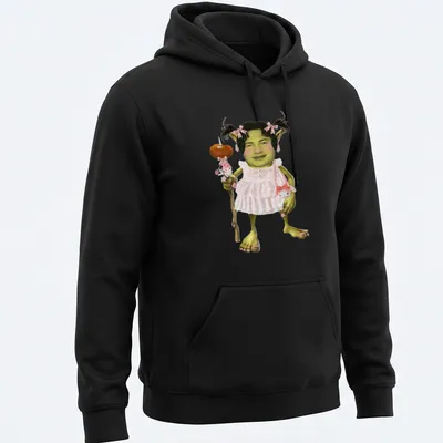 Cartoon goblin with piggytails in green, pink, brown, and white — printed on a unisex hoodie
