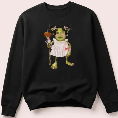 Cartoon goblin with piggytails in green, pink, brown, and white — printed on a unisex sweatshirt