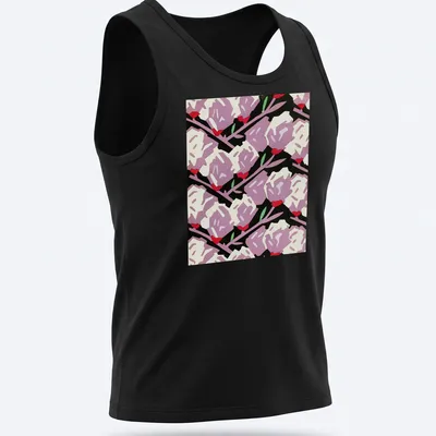 Bold graphic floral roses in purple, red, white, and green on black — printed on a tank top
