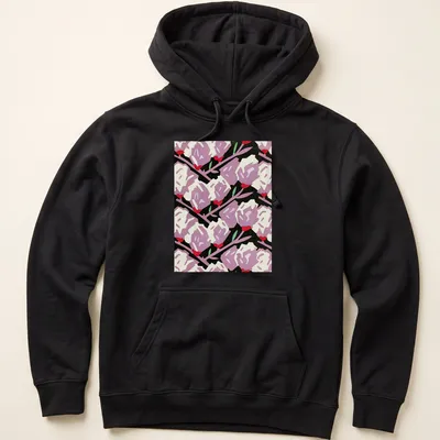 Bold graphic floral roses in purple, red, white, and green on black — printed on a unisex hoodie