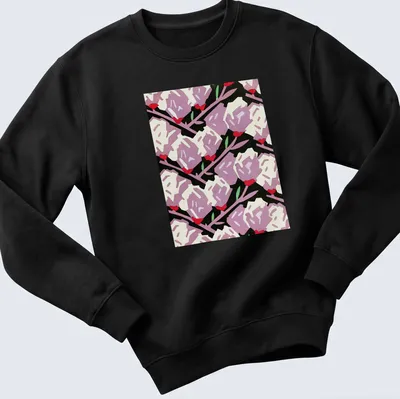 Bold graphic floral roses in purple, red, white, and green on black — printed on a unisex sweatshirt