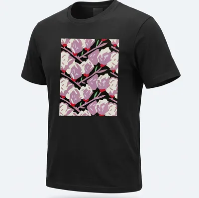 Bold graphic floral roses in purple, red, white, and green on black