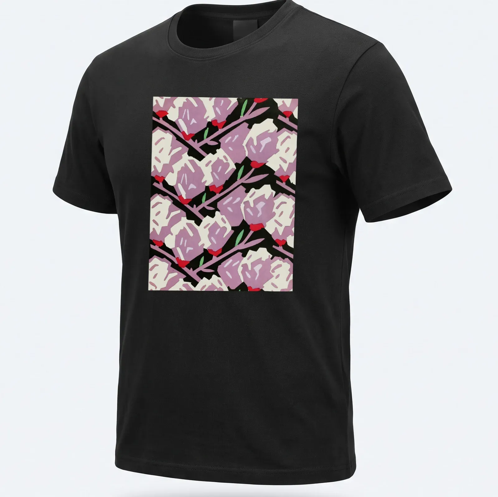 Bold graphic floral roses in purple, red, white, and green on black — printed on a unisex t-shirt