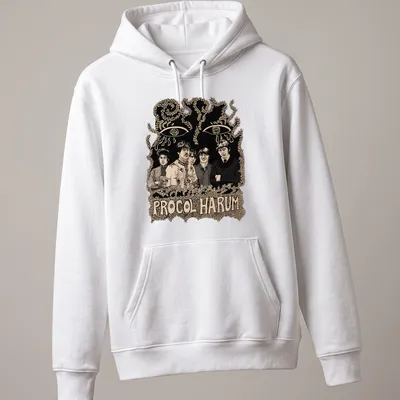 Vintage illustration of Procol Harum band members with expressive eyes — printed on a unisex hoodie