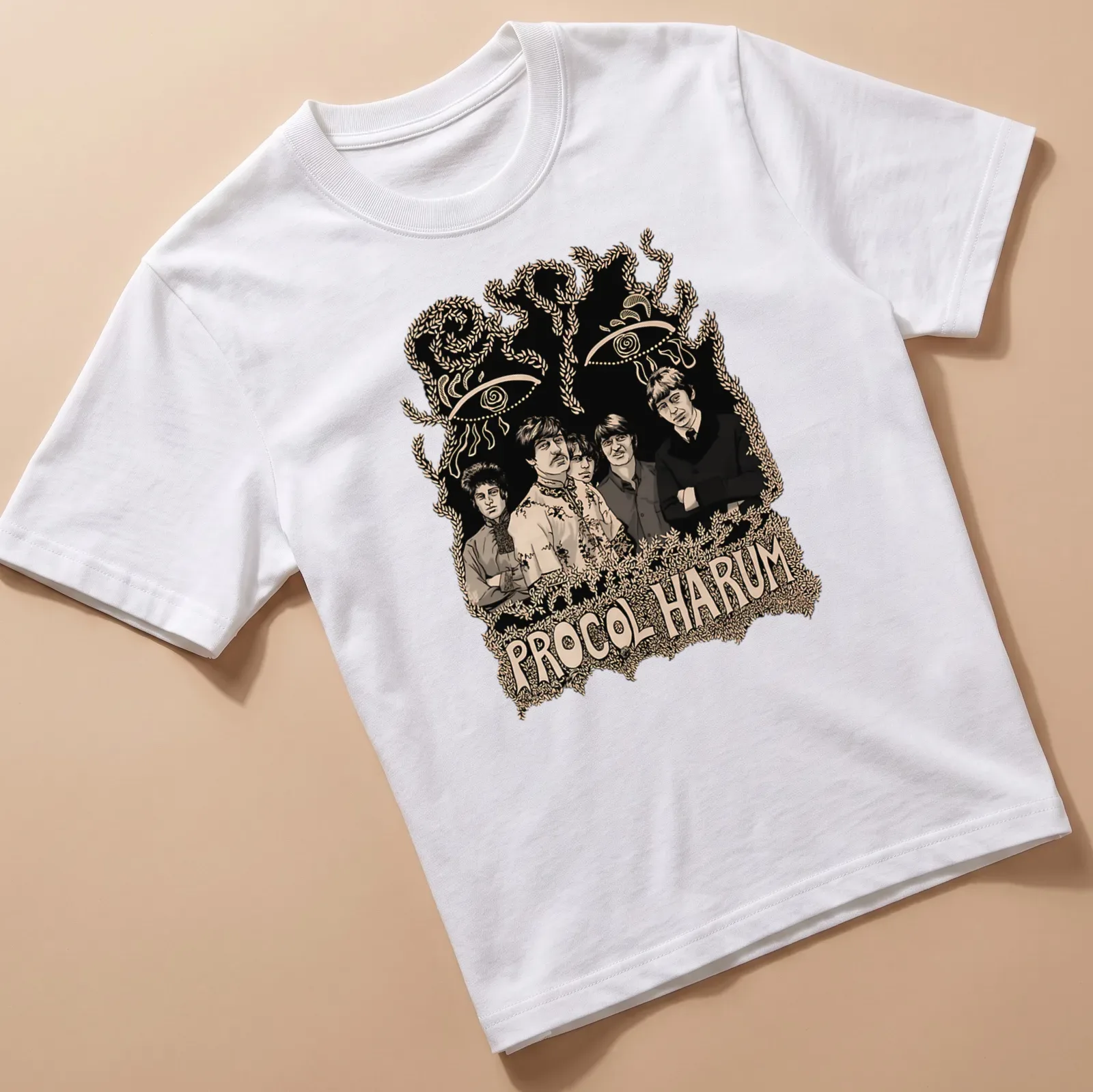 Vintage illustration of Procol Harum band members with expressive eyes — printed on a unisex t-shirt